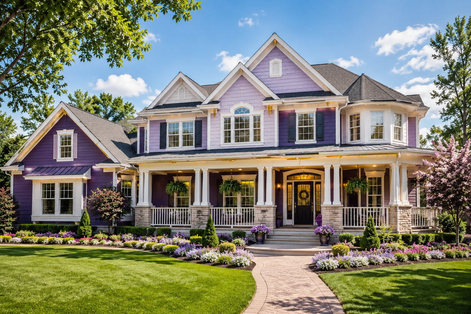 A beautiful purple and white Crowned Diamond Voices safe home with welcoming porch and garden